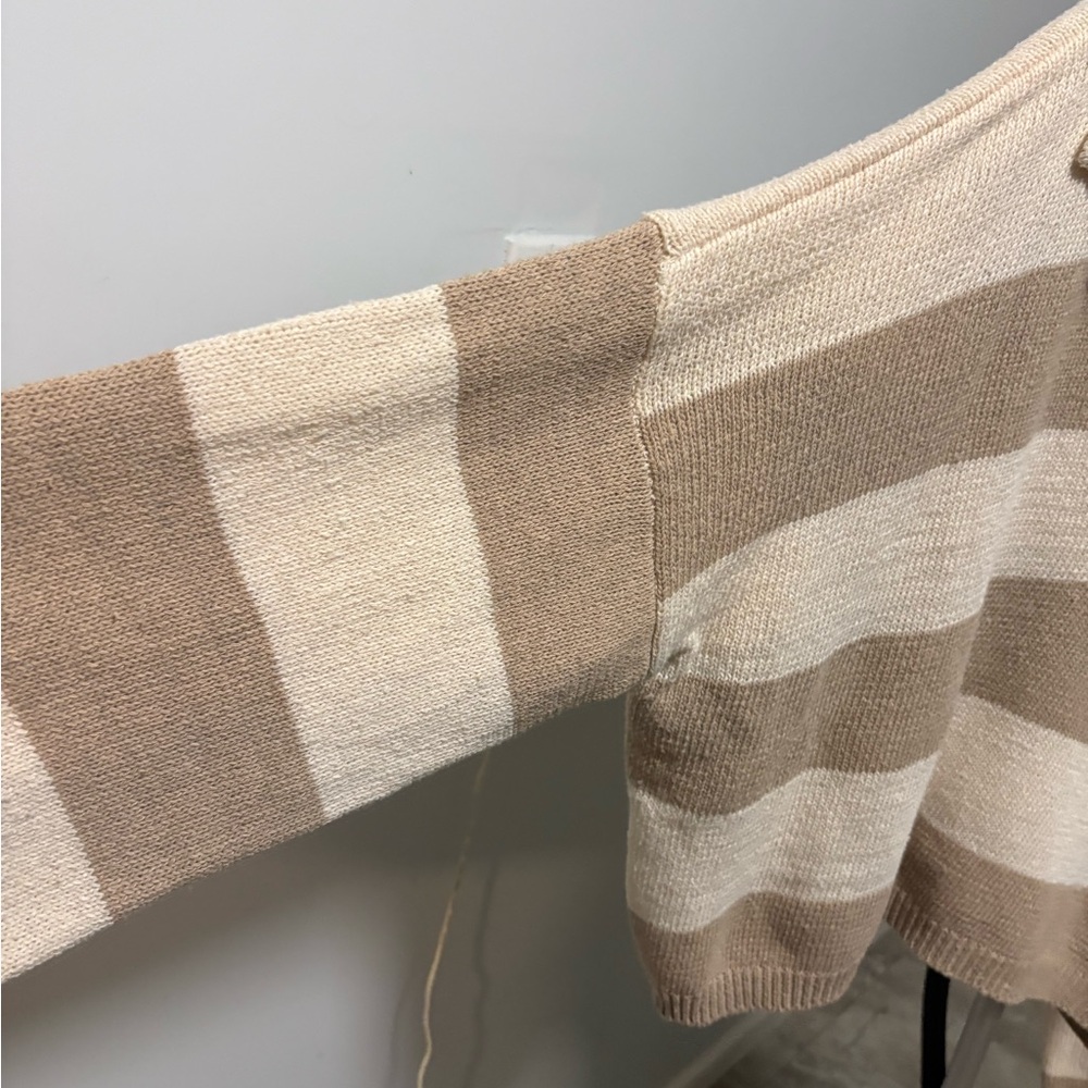Lulu's Striped V-Neck Collared Sweater in Beige & Cream - Picture 2 of 3